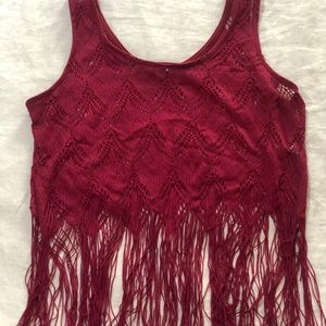 Red/maroon lace and string crop top